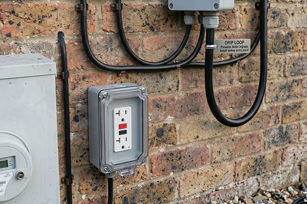 A GFCI outlet installed on an exterior wall for an outdoor project